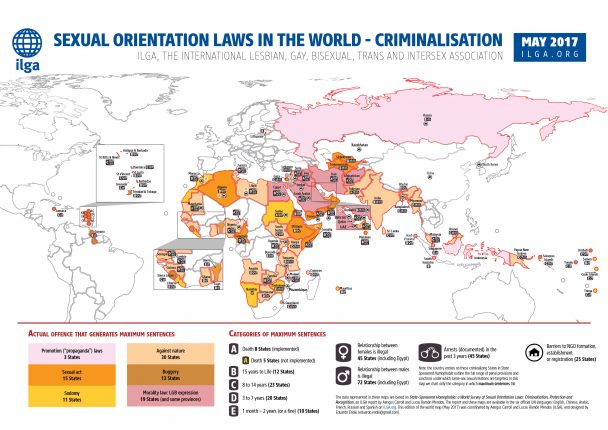 Criminalizzazione dell’orientamento sessuale nel mondo, la mappa diffusa da Ilga. Credits: ILGA.